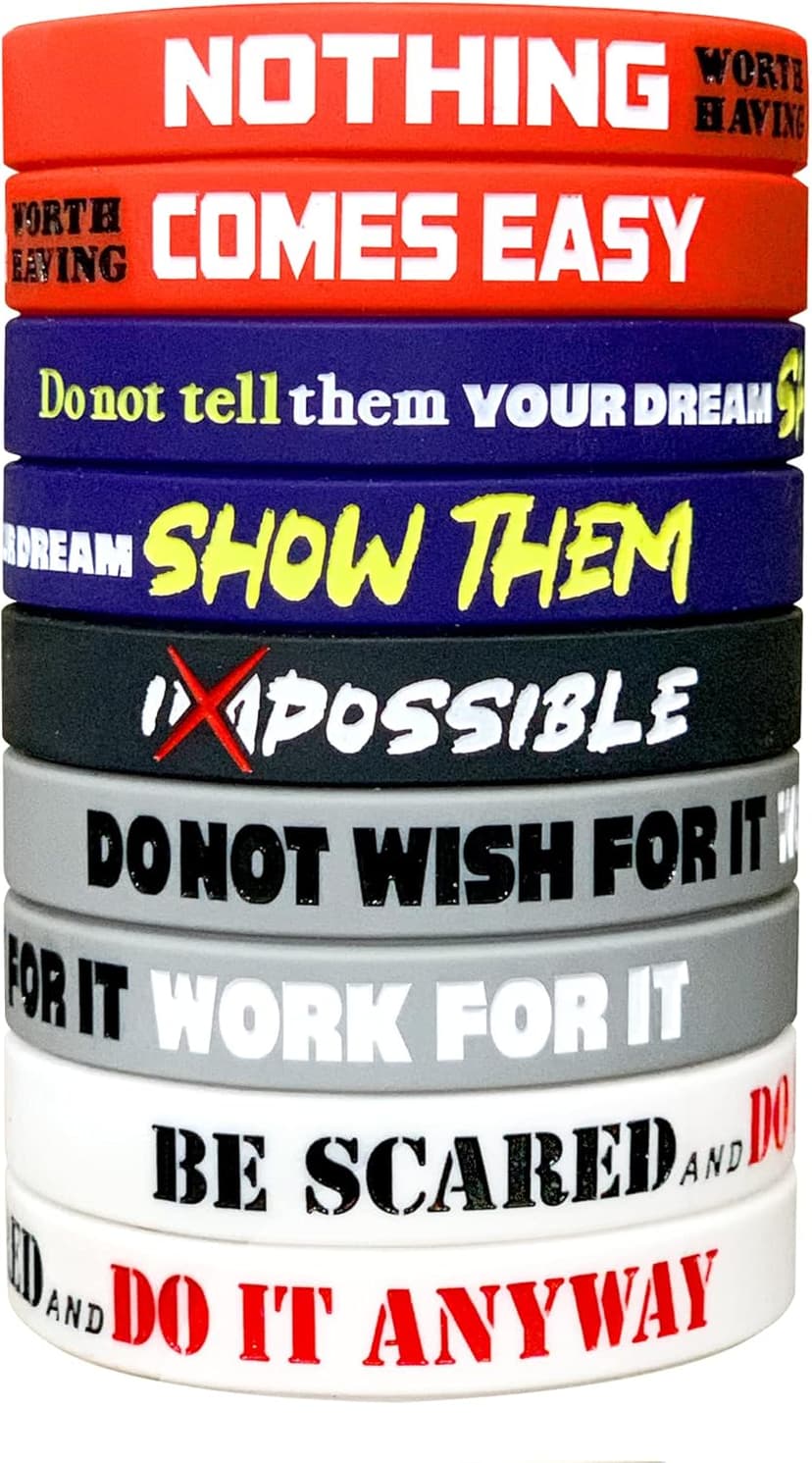 RUANJAI 12 Pack Motivational Wristbands for Men, Women & Teens, 12x8” Silicone Bracelets with Inspirational Quotes, Unisex Adult Design for men, gifts for boys