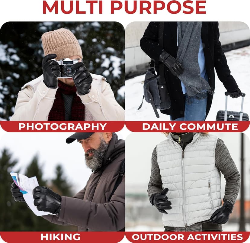 HANDLANDY Genuine Sheepskin Leather Gloves for Men Winter Driving Warm Thermal Wrist Gloves Fleece Lining for Cold Weather