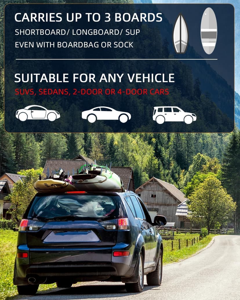 Abahub Soft Roof Rack Pads with 2 Tie Down Straps, 2 Tie Down Ropes, 2 Hood Loops and Storage Bag, for Surfboard, Kayak, Canoe, Heavy Duty Universal Car Roof Racks System