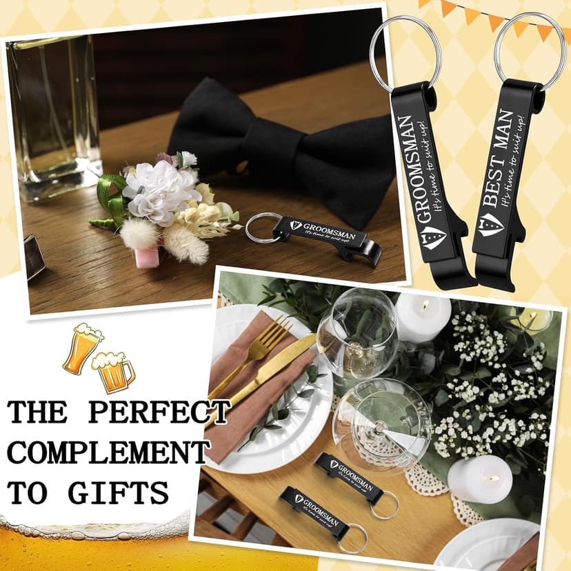 Aluminum Beer Wine Opener for Mens Bachelor Party, Groomsmen Proposal Gift Set Includes 9 Groomsman and 1 Best Man Jingmore 10 Pcs Groomsmen Bottle Opener Keychain Wedding Party Bulk, Black B0FQNWRHCS