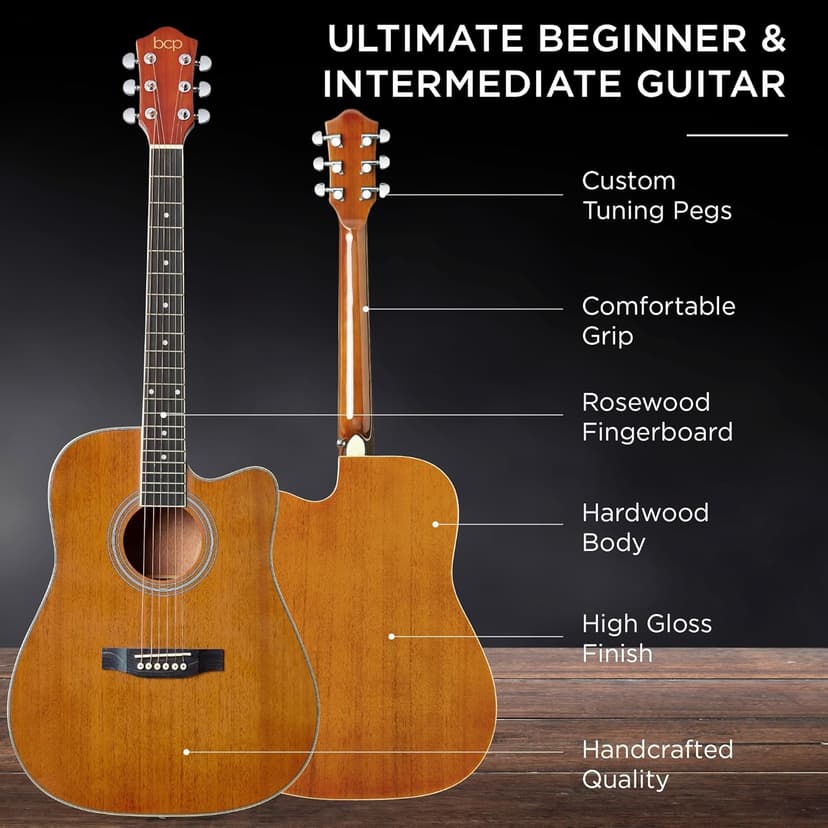 Best Choice Products 41in Beginner Acoustic Guitar Full Size All Wood Cutaway Guitar Starter Set w/Case, Strap, Capo, Strings, Picks - Natural Mahogany