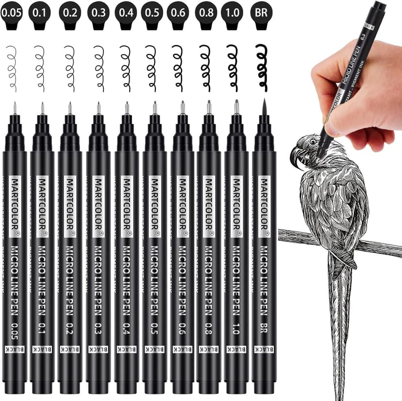 MARTCOLOR Micro Pen Fineliner Pens, 10 Size Fine Point Archival Black Ink Pens, Waterproof Multiliner Pen for Artist Illustration, Sketching, Art Drawing, Anime, Manga, DIY Gifts Projects
