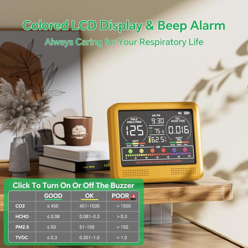 16-in-1 Indoor Air Quality Monitor with PM1.0,PM2.5,PM10,CO2,HCHO,TVOC,Temperature,Humidity,Time Display &7 AQI Alarms – Professional Air Quality Tester for Home, Office & Indoor Use