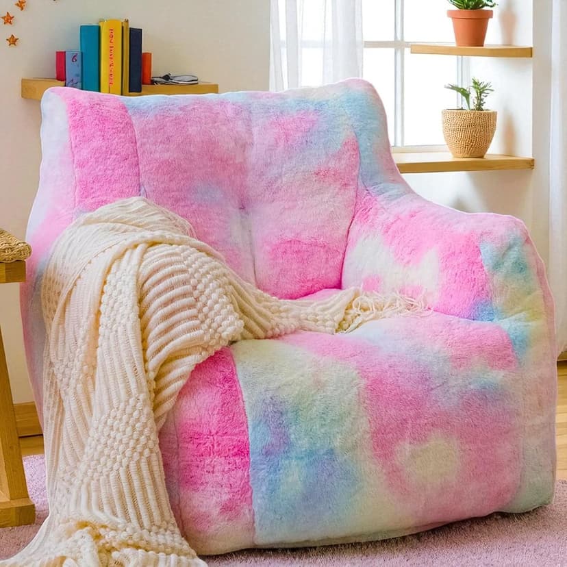 Bean Bag Chair with Filling, Faux Fur Comfy BeanBag Chairs for Teens, Adults, Bedroom, Living Room, Reading - Rainbow