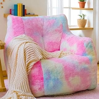 Bean Bag Chair with Filling, Faux Fur Comfy BeanBag Chairs for Teens, Adults, Bedroom, Living Room, Reading - Rainbow