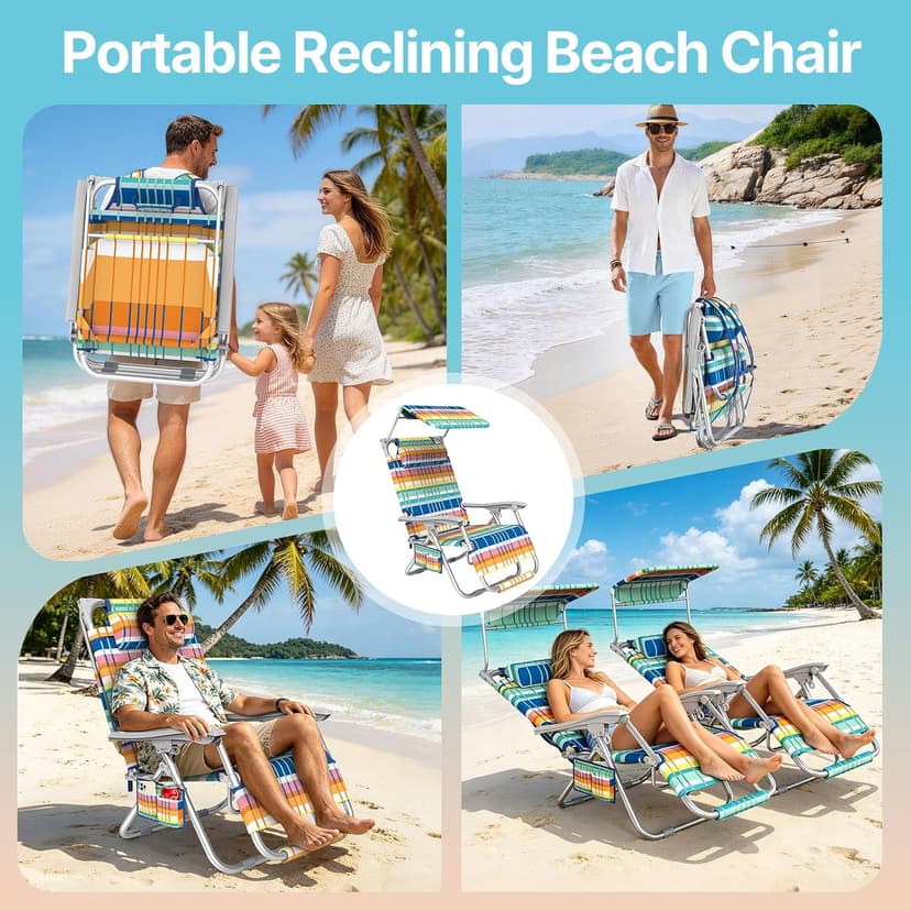 Suteck Zero Gravity Beach Chair with Canopy, Backpack Beach Chairs for Adults, Lightweight Adjustable Reclining Beach Chair with Shade, Folding Lay Flat Chair for Beach Poolside Outdoor