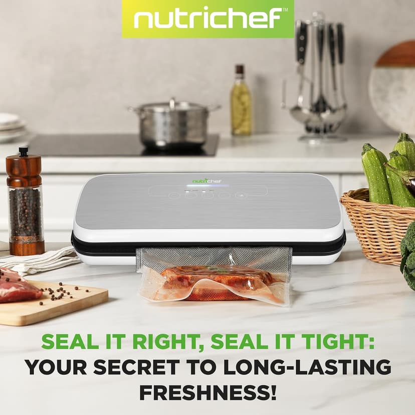 NutriChef Food Vacuum Sealer Machine - Automatic Air Sealing System for Dry & Moist Foods, LED Touch Controls, Includes Vacuum Bags, Hose & Wine Stopper, High Suction Power, 14"x6"x3", Silver