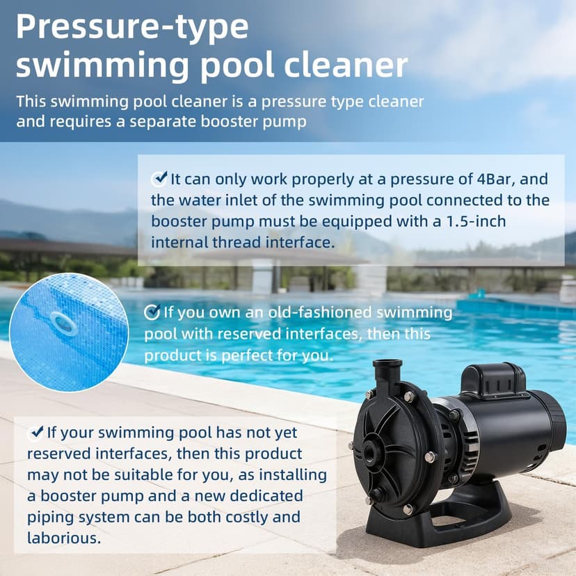 MAKHOON Upgrade Pool Pressure Side Sweeper: Professional Solution for Cleaning Your Swimming Pool (Four Wheels are Better Than Three) Need 1.5" Female Thread Pool Booster Pump Inlet, 4 Bar Pressure