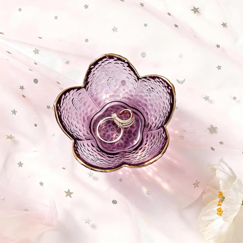 Purple Flower Jewelry Dish Glass Ring Dish Jewelry Tray Cute Vanity Organiser Room Decor Aesthetic Nightstand Bathroom Decor Trinket Dish Ring Holder Valentine's Friendship Birthday Gifts for Women