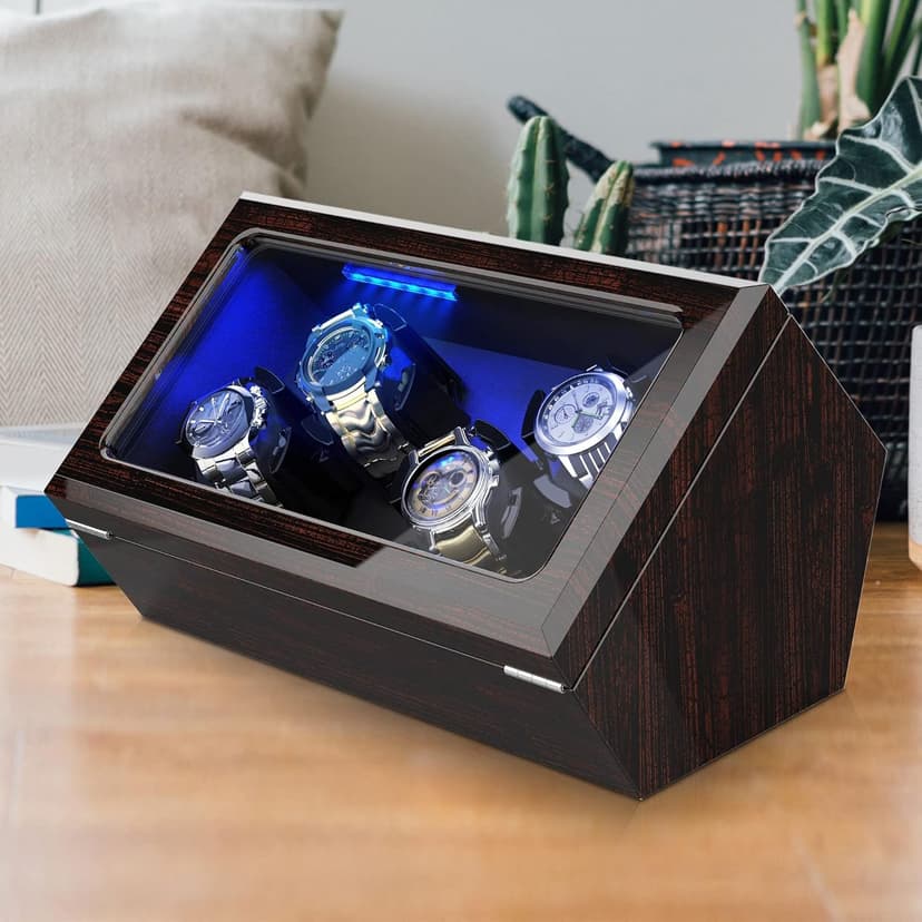 High End Watch Winder for Automatic Watches with Super Quiet Motor, Blue LED Light & Rotation Mode Setting, Watch Winder for Rolex with Flexible Pillow, Dual Power
