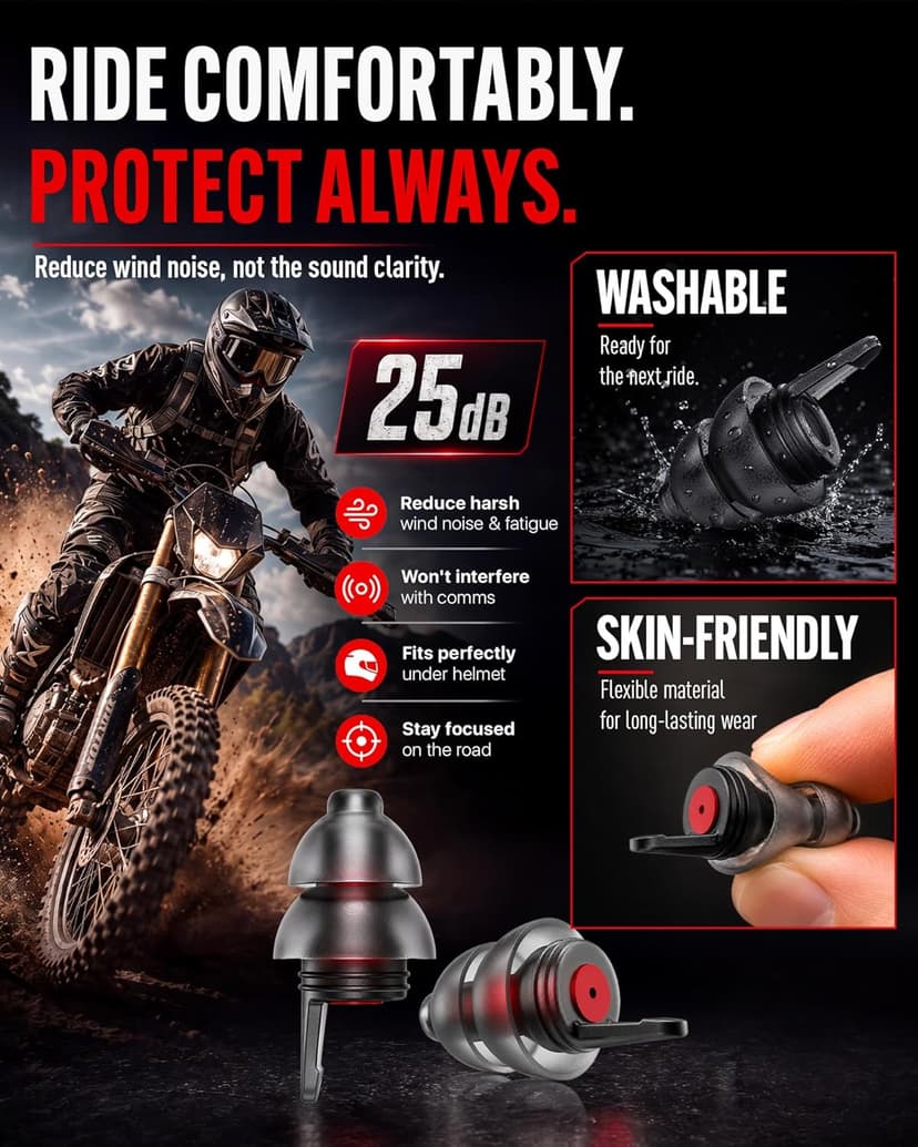 Motorcycle Ear Plugs for Wind Noise Reduction, 2 Pairs Reusable Motorcycle Accessories - Moto Earplugs, Soft Comfortable Hearing Protection for Motorbike, Touring, Racing, Riding - 25dB, Biker Gifts