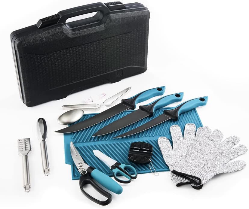 KNINE OUTDOORS Fish Fillet Knife Set Curved Flex 7 inch 9 inch Filet Knife for Filleting and Boning, Non-Slip Handles, Includes Fishing Braid Line Scissors, Fish Dressing Scissors, Filleting Pad