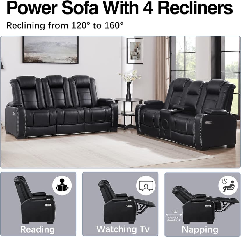 THSUPER Black Leather Power Recliner Sofa Loveseat Sets with Arm Storage and Power Headrest, Leather Living Room Reclining Sofa and Loveseat Set with Cup Holders and Bluetooth Speaker. | Breathable material, LED ambient light, Reading light, Hidden outlet, USB and Type-C port