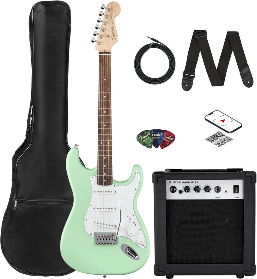 Fender Squier Stratocaster Electric Guitar - Surf Green Bundle with Amplifier, Gig Bag, Cable, Strap, Picks, and Austin Bazaar Instructional Video