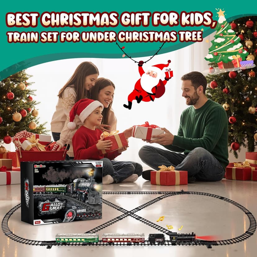 Hot Bee Train Set, Remote Control Train Toys with Luxury Track & Glowing Passenger Carriages, Metal Christmas Tree Train with Smoke, Light and Sound, Toy Train Set for 3 4 5 6 7+ Years Old Boys Gifts