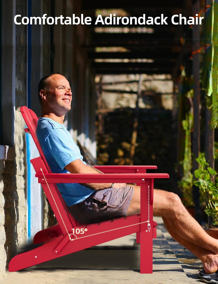BUPPLEE Folding Adirondack Chair, 450 LBS Heavy Duty HDPE Poly Lumber Fire Pit Chair for Outside, All-Weather Resistant Plastic Adirondack Chairs for Patio, Garden, Deck & Backyard, Red