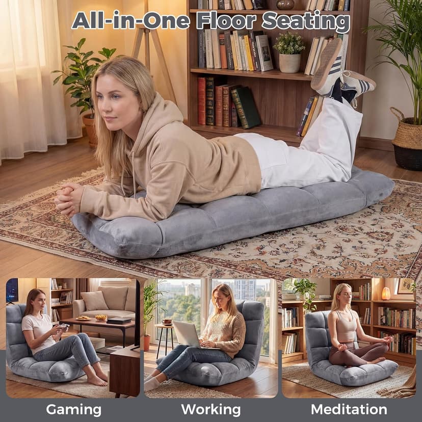 COSTWAY Floor Chair, Video Gaming Chairs with Back Support, Adjustable 14-Position, Alloy Steel Frame, Lazy Sofa Lounge Recliner for Adults Kids (Silver Grey)