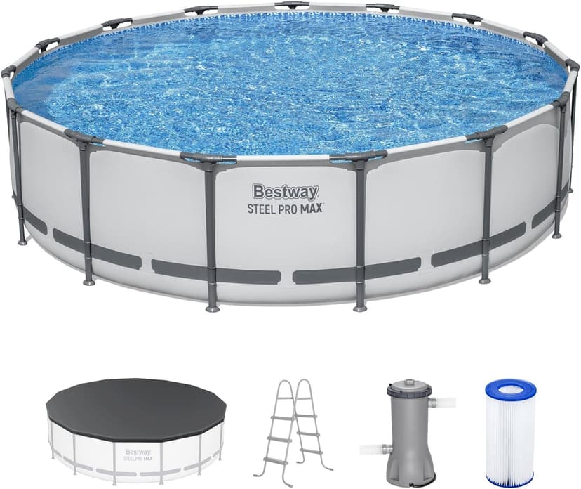 Bestway Steel Pro MAX 15' x 42" Above Ground Pool, Round Metal Frame Outdoor Swimming Pool Set with Filter Pump, Ladder, and Cover, Gray