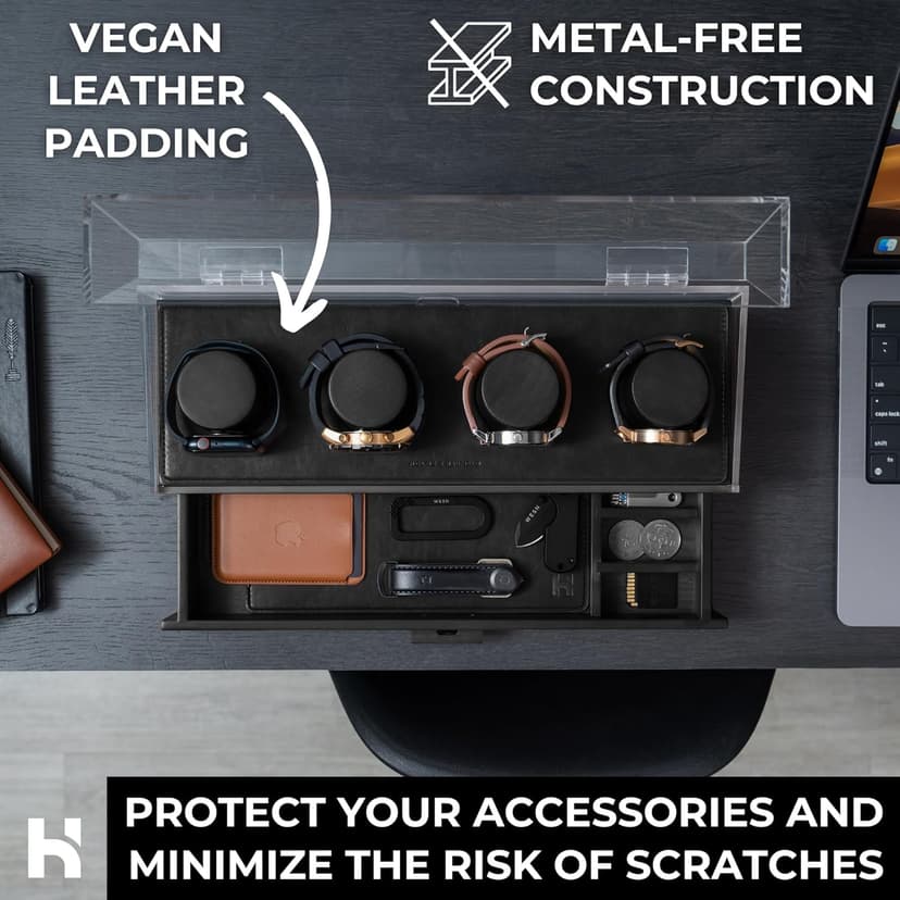 Holme & Hadfield Premium 4-Slot Wooden Watch Display Case – Handcrafted Men’s Watch Box with Accessory Drawer, Hinged Cover, Leather Lining – Birthday Gift for Collectors – Luxury Built to Last