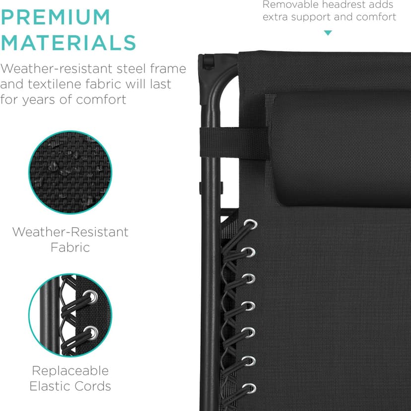 Best Choice Products 30” Wide Folding Zero Gravity Outdoor Recliner Patio Lounge Chair w/Adjustable Canopy Shade, Headrest, Side Accessory Tray - Black