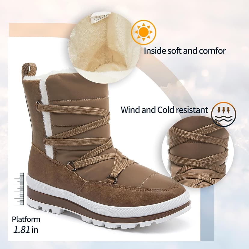 Rominz Women's Winter Snow Boots - Waterproof Black Fur Lined Warm Mid Calf Non-Slip Ankle Boots - White Lace-Up Platform