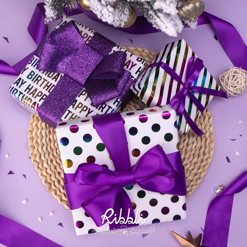 Ribbli Birthday Wrapping Paper Iridescent Gift Wrapping Paper Mini Roll, 3 Rolls Happy Birthday Polka Dots Stripes Printed Assortment - 17 inch x 120 inch(10feet) Per Roll B0CBRVLFSY