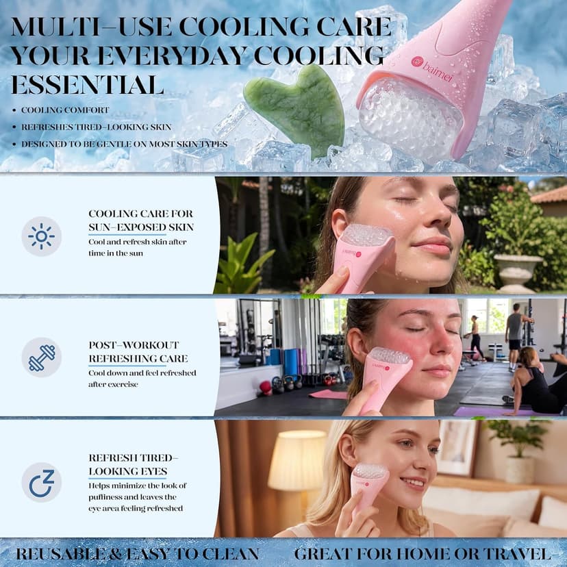 BAIMEI IcyMe Ice Roller for Face and Gua Sha Facial Tool Set, Ice Face Roller Reduces Puffiness Relieves Migraines Skin Care Tools, Self Care Gift for Women - Pink