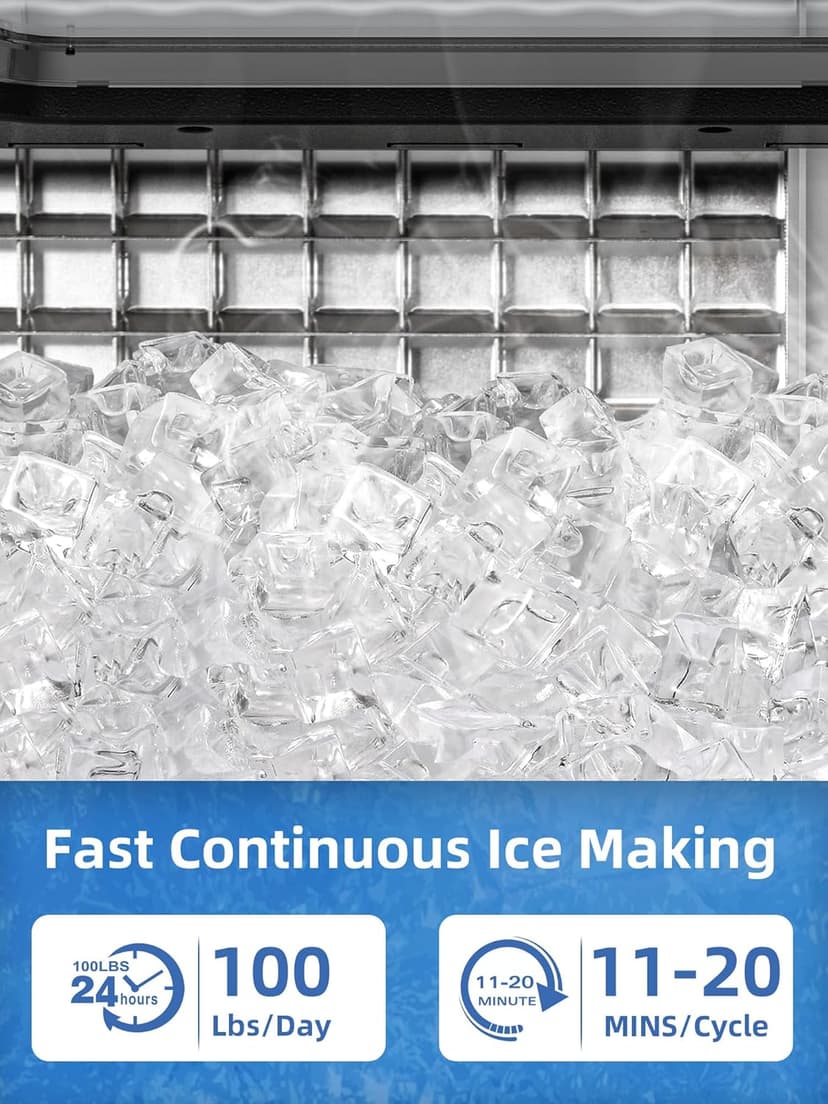 COWSAR Commercial Ice Machine, 100Lbs/24H Stainless Steel Undercounter Ice Maker with 33Lbs Storage Capacity, Self-Cleaning Freestanding Ice Machine for Home, Bar, Restaurant, Office, Outdoor