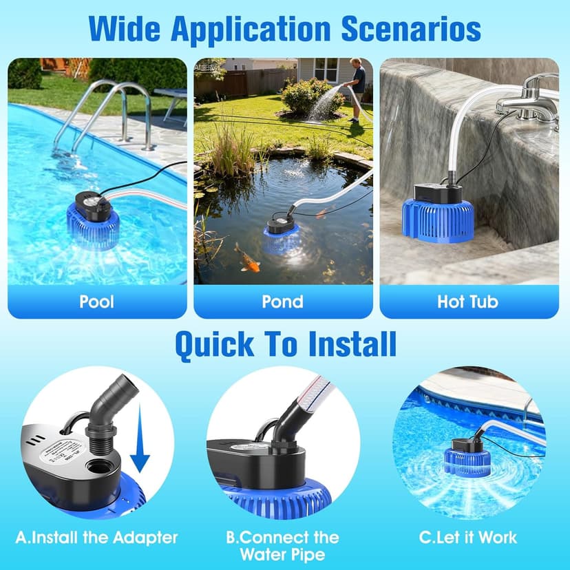 Pool Cover Pump above Ground, Submersible Water Sump Pump Swimming Water Removal Pumps,Submersible Pump for Pool Draining,Pool Pump 16FT Drainage Hose,25 FT Extra Long Power Cord, 850 GPH,4 Adapters