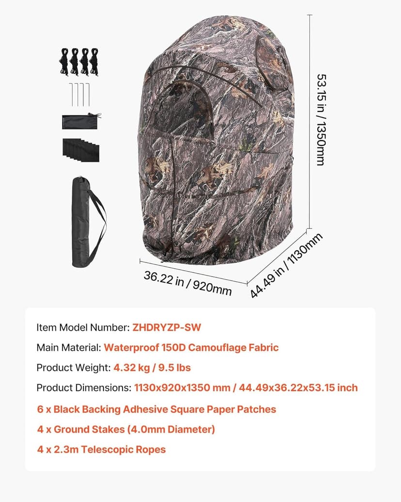 VEVOR Hunting Blind，See Through Ground Blinds with Carrying Bag, 360 Degree Portable Camouflage Tent，Durable Concealed Shelter with Silent Side Door and Window, for Turkey and Deer