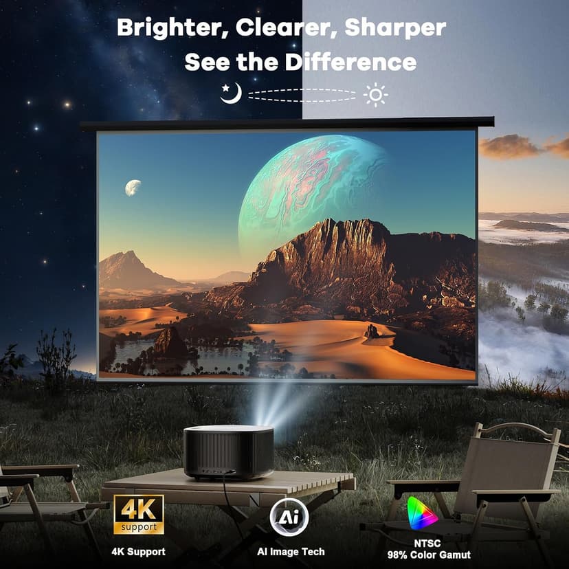 High Brightness, AI Auto Focus, Smart-Projector with WiFi and Bluetooth, ONO5Pro 2.0 Movie Projector for Indoor/Outdoor ONOAYO Outdoor-Projector-4K with 60W Dolby Audio and Official Licensed Apps B0G4D9NJRX