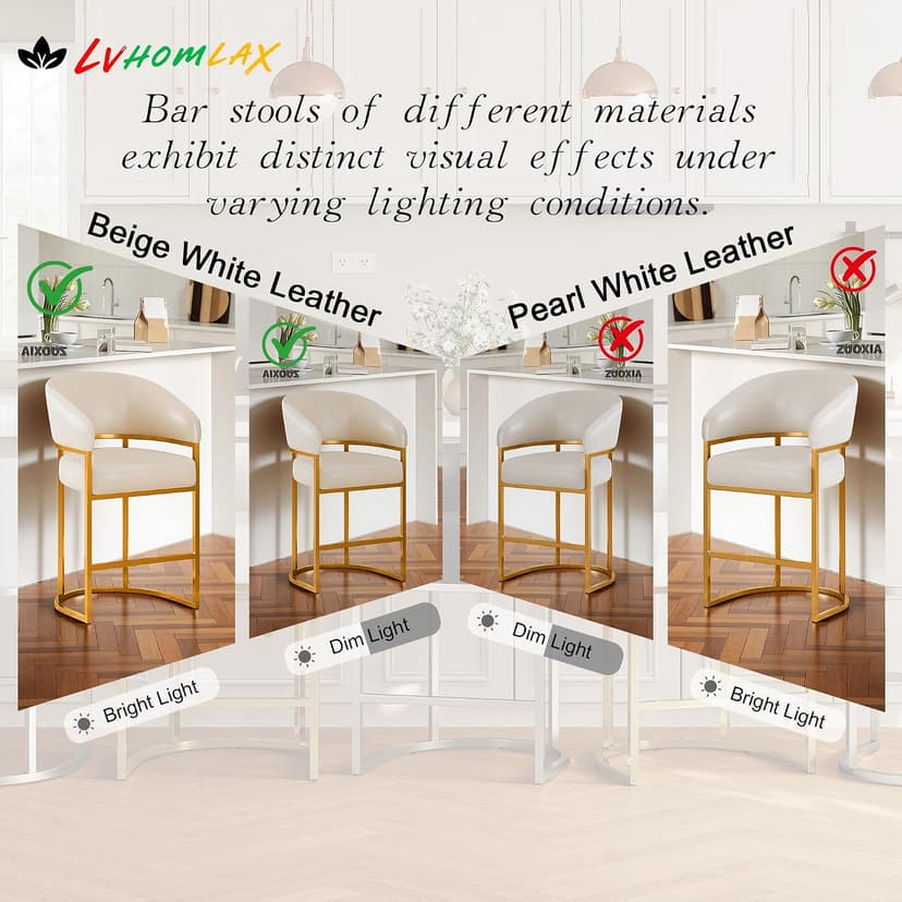Modern Counter Height Bar Stools,Bar Stools Set of 3,PU Leather Upholstered Barrel Barstools with Backs,26" Kitchen Island Chairs,Metal Gold Frames,Beige White Leather