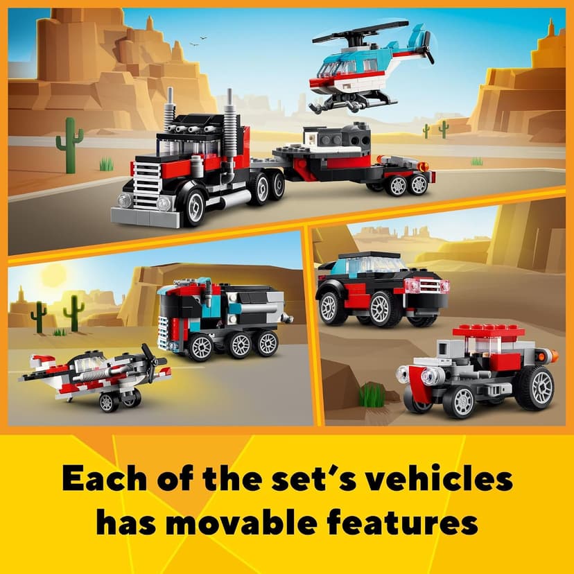 LEGO Creator 3 in 1 Flatbed Truck with Helicopter Toy, Transforms from Flatbed Truck Toy to Propeller Plane to Hot Rod and SUV Cars, Gift Idea for Boys and Girls Ages 7 Years Old and Up, 31146 B0CGY4J7QT