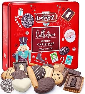 Lambertz European Holiday Cookie Tin – 64 Cookies, 12 Varieties, – Festive Gift Box Ready to Serve and Gift-Ready for Christmas and Office Sharing – 17 Ounces