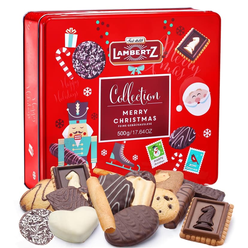 Lambertz European Holiday Cookie Tin – 64 Cookies, 12 Varieties, – Festive Gift Box Ready to Serve and Gift-Ready for Christmas and Office Sharing – 17 Ounces