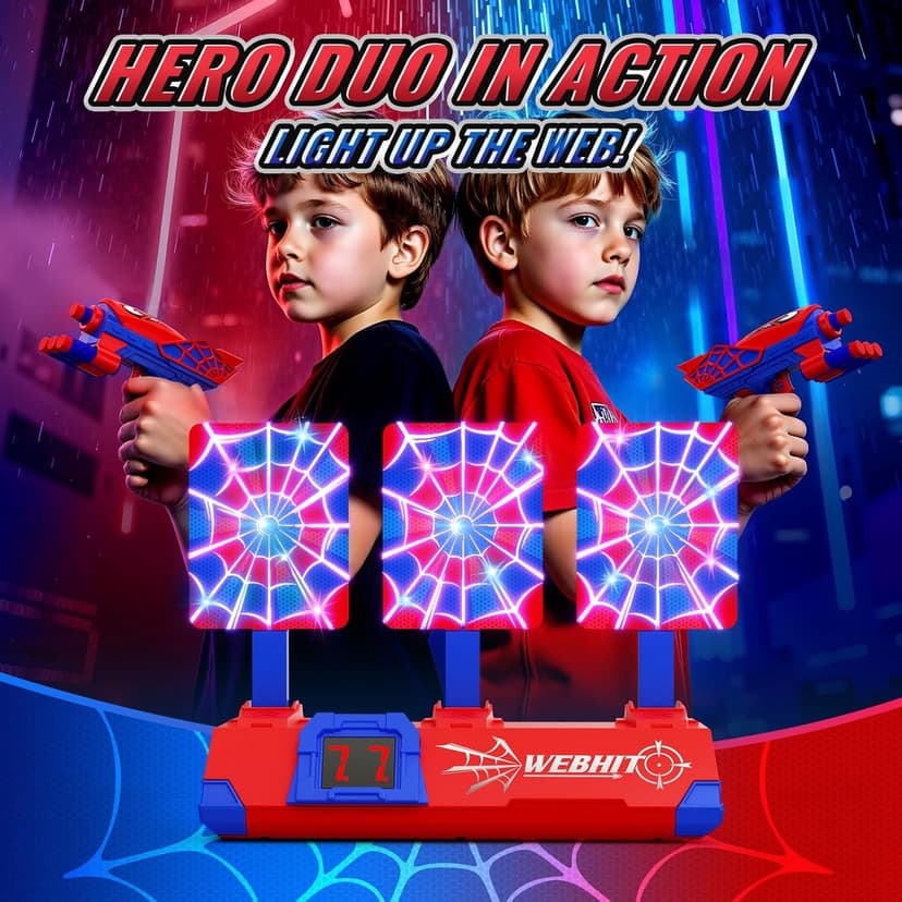 Shooting Toys for 3-12 Year Old Boys, Hero Styles with Glowing Web&Sounds,LCD Scoring and Auto Reset 3 Shooting Targets,Indoor Outdoor Kids Family Games Christmas Birthday Gifts for Boys Toys Age 3-12
