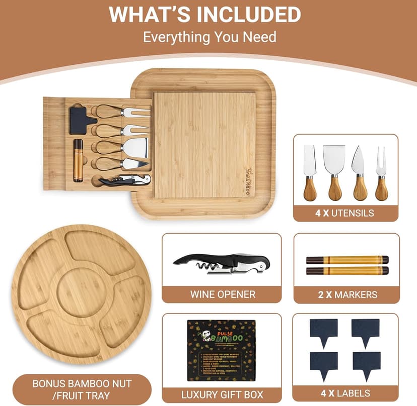 Charcuterie Board Set – Premium Bamboo Cheese Board with Slide-Out Knife Drawer – Complete Hosting Set for Wine Nights & Parties – Perfect Housewarming Gift and Wedding Gift for Couples