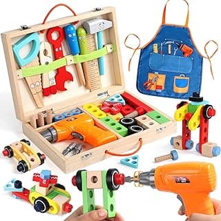 Kids Tool Set with Drill, Educational Montessori Toys for 3 Year Old Boys 44 Pcs STEM Kids Toys Wooden Toddler Tool Set with Apron & Box Christmas Birthday Gifts for 3 4 5 Year Old Boy Girl