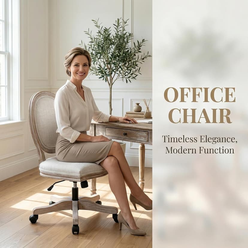 LukeAlon Vintage Linen 360° Swivel Chair, Beige Adjustable Height Task Chair, Armless Wood Frame, Round Back & Wheels for Home Office Study
