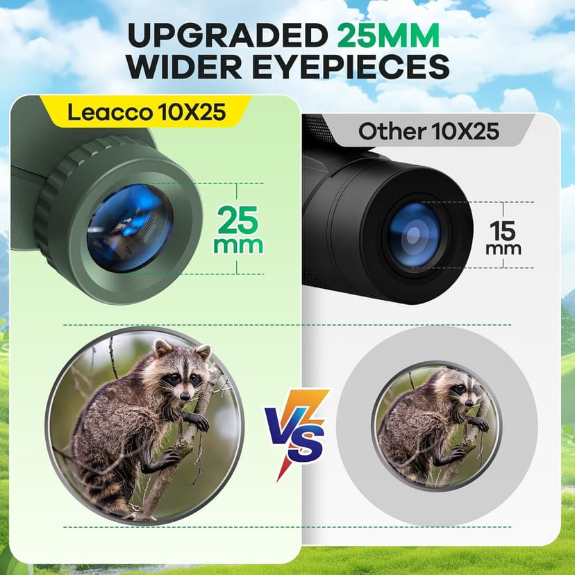 Leacco 10x25 Compact Binoculars for Adults and Kids, Large View Waterproof Small Binoculars with Low Light Vision BAK4 Prism FMC Lens for Cruise Ship Bird Watching Travel Hunting, Military Green