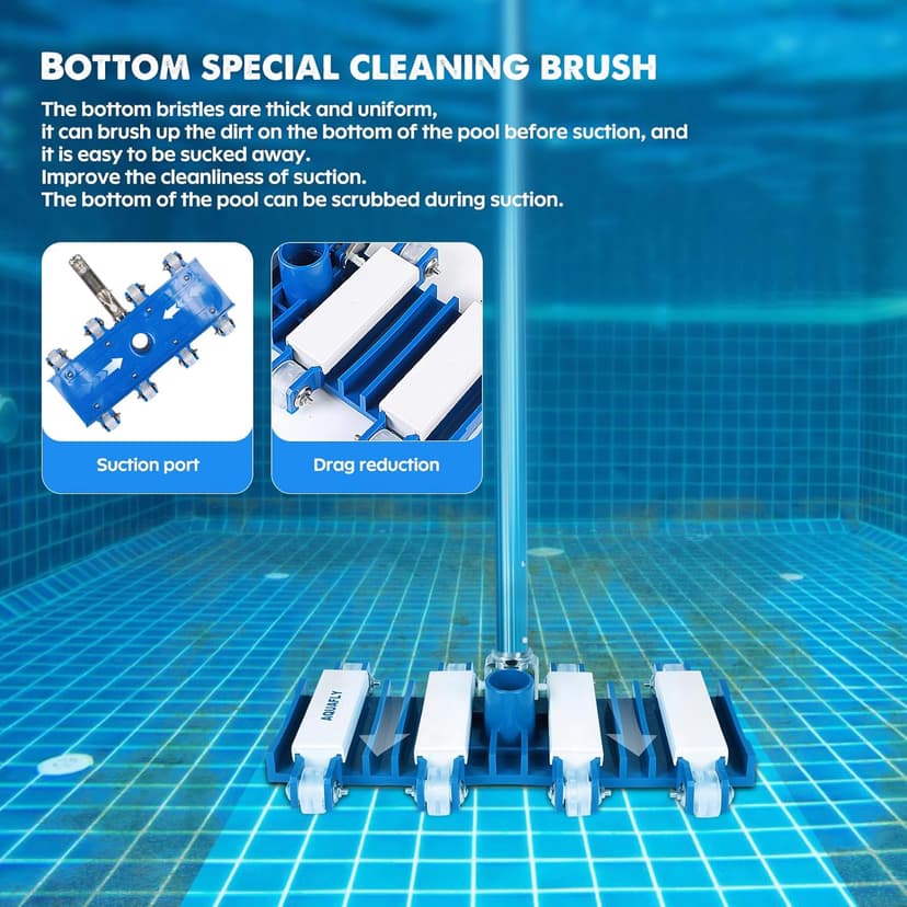 Pool Vacuum Head, Manual Cleaning Vacuum with Wheels 14'' Heavy Duty Handle Pool Vacuum Heads for Inground & Above Pools with Flexible Swivel, Swimming Pool Head for Absorb