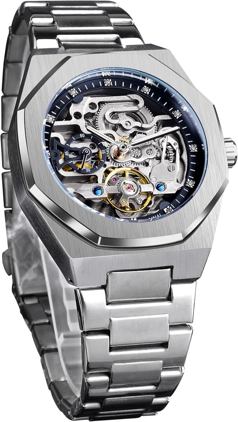 FORSINING Vintage Watch for Men Engraved Automatic Self-Wind Mechanical Big Dial Luminous Moon Phase Golden Hollow Tattoo Pattern Wrist Watches, Mechanical