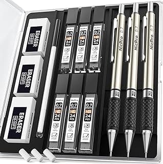 Nicpro 0.7 mm Art Mechanical Pencil Set in Storage Case, 3 PCS Metal Drafting Pencil Lead Pencil with 6 Tube HB Lead Refills, 3 Erasers, 9 PCS Eraser Refills for Artist Writing, Drawing, Sketching
