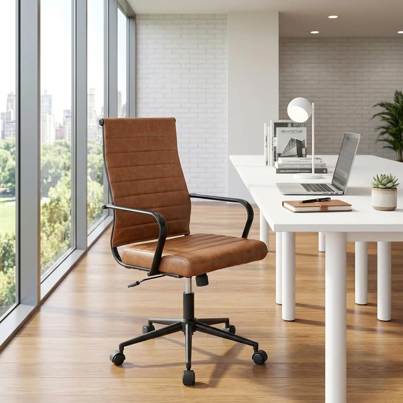 Okeysen Leather Office Desk Chair, Mid-Century Modern Leather Conference Room Chairs, Ergonomic Executive Ribbed Height Adjustable Swivel Rolling Chair for Home Office.