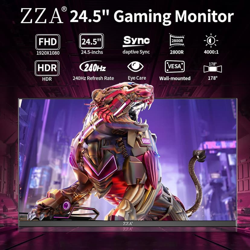 ZZA 25" Curved Gaming Monitor, 240Hz|144Hz FHD(1920 * 1080P) VA Screen Computer Monitor, Supports Freesync, 120% sRGB, Blue Light Filter,AMD Freesync, Wall Mountable Installs(HDMI 1.4/DP 1.2)
