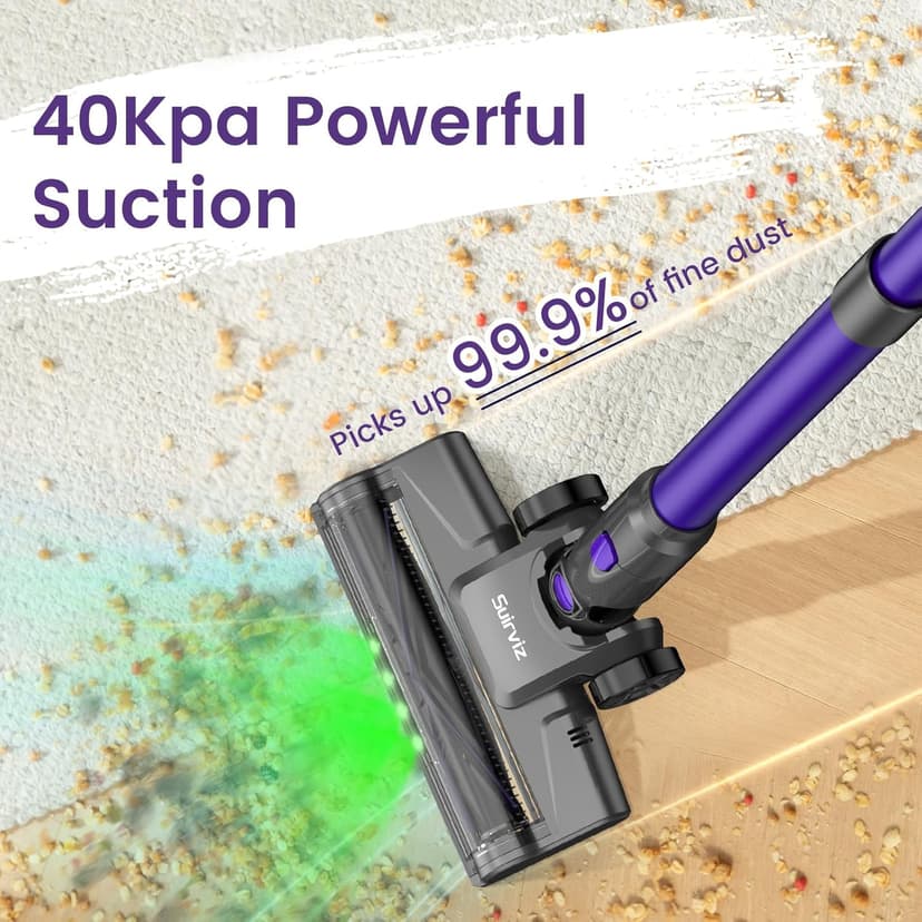 Cordless Vacuum Cleaner, 40KPA/500W/35Mins, Green LED Light, Lightweight Stick Vacuum Self-Standing, Vacuum Cleaners for Home Handheld Vacuum for Pet Hair, Carpet, and Hard Floors, U8