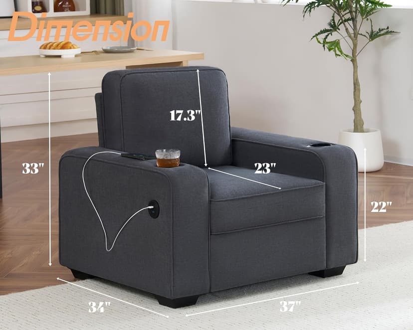 AMERLIFE Chenille Sofa Chair, Modern Comfy Couch with Cup Holders & USB Ports for Living Room, Charcoal Grey Upholstered Couch