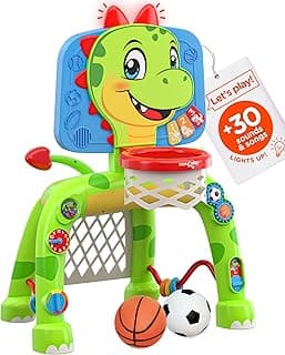 Move2Play, Dinosaur Basketball Hoop & Soccer Goal Activity Center | 30+ Sounds & Songs + 5 Lights | 1 2 3 Year Old for Boys and Girls | Toy & Gift for Baby & Toddlers B0FJSJHNHY
