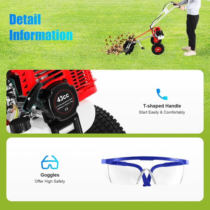 43CC 2 Stroke Gasoline Powered Broom Sweeper, 1.25kw/1.7hp Driveway Lawn Grass Sweeper Snow Cleaning Grit, 8500rpm Hand Push Walking Snow Sweeper for Garden Lawn Yard Sidewalk Turf Grass Cleaning