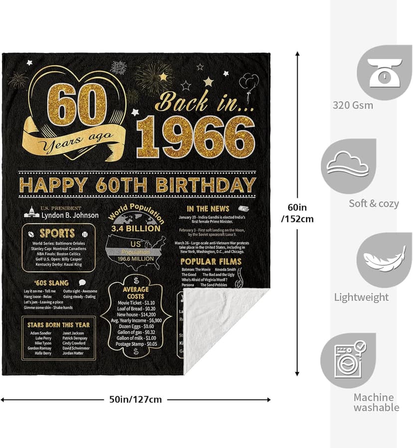 60th Birthday Gifts for Women Men, 60 Year Old Birthday Gifts for Women Men, 60th Birthday Gift Ideas Throw Blanket 60 x 50 Inch, 1966 Birthday Gift for 60 Year Old Woman, Best Gifts for 60th Birthday B0BB15FJHZ